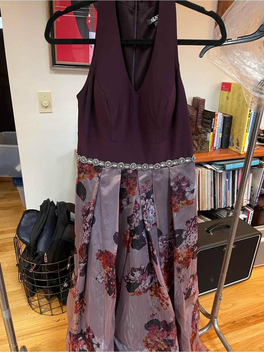 SL Fashions Plum Halter Maxi Dress with Floral Skirt